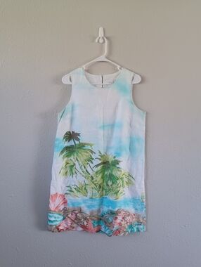 J.Jill Love Linen Tropical Print Shift Dress in White & Aqua